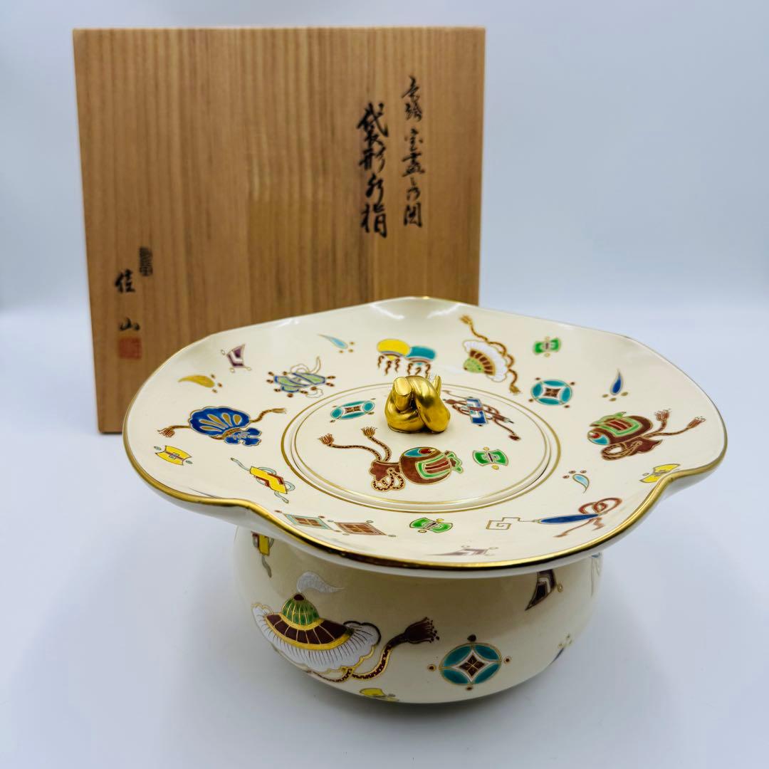 【桂山造　色絵宝蓋　袋形水指　茶道具　共箱】骨董　アンティーク　インテリア 道具 ] - 道具 京焼 手塚桃峰造 彩色水指（共箱） | ネットショップ圭